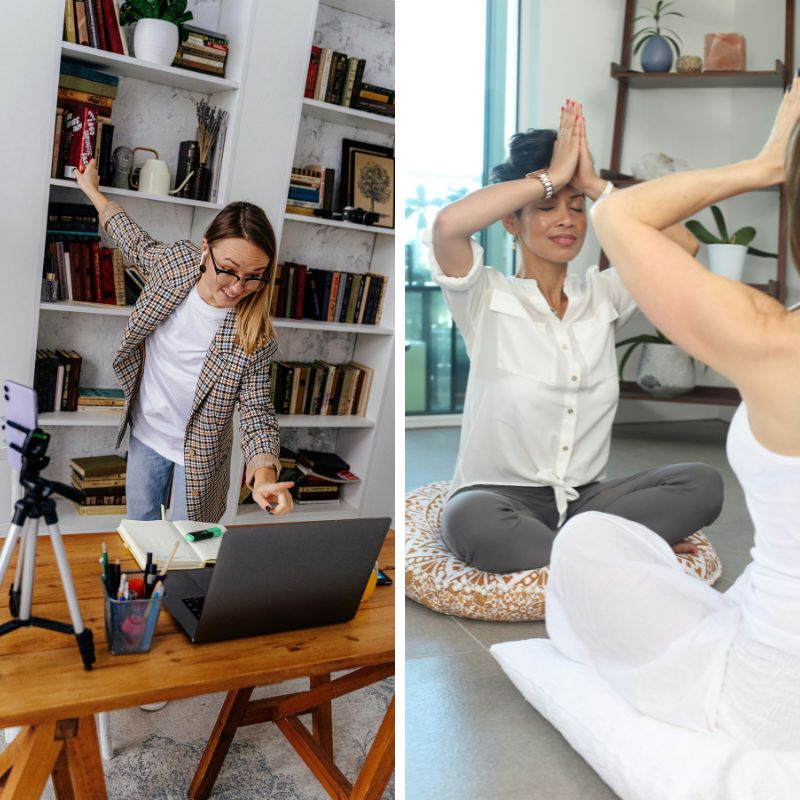 femme hyper active et femme en position yoga immoneuch s'active pour vos projets immobilier pendant que vous vous reposez